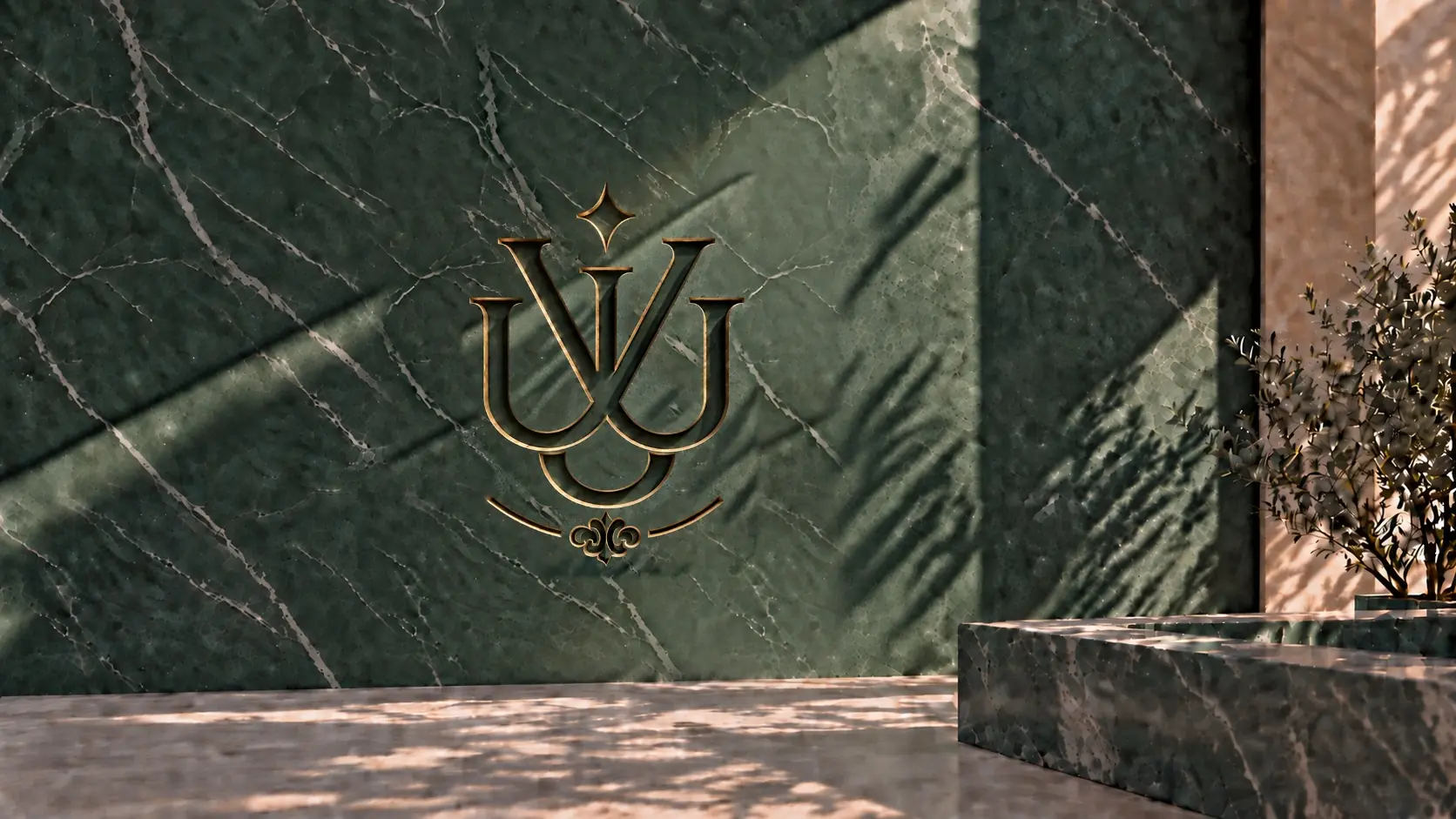 VELORA emblem carved into a green marble wall